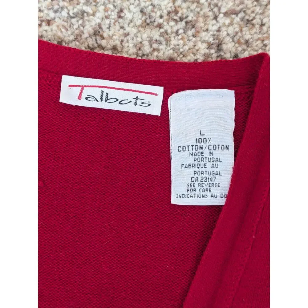 Vintage Talbots Red Cotton Long Sleeve Cardigan Sweater Size Large V Neck